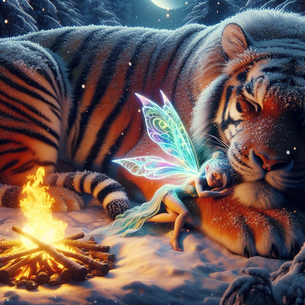 Snowy Tiger and Neon Fairy Embrace Warmth on a Chilly Night