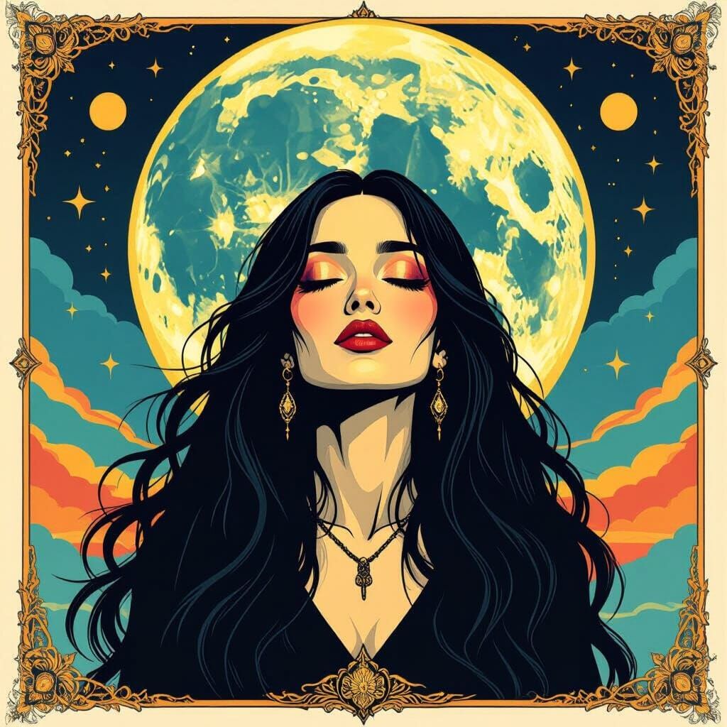 Goddess Worships Moon in Pop Art Style