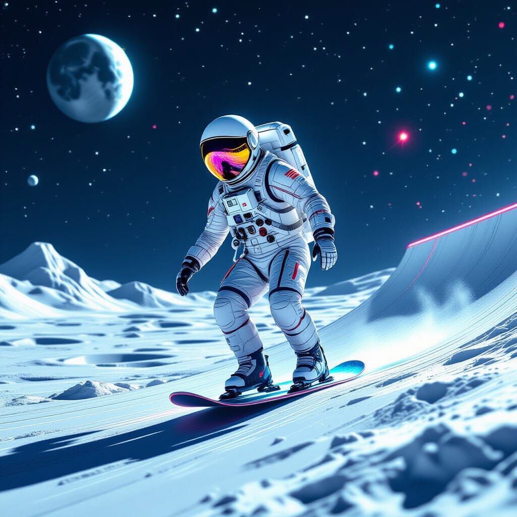 Astronaut Skating on Lunar Half-Pipe in Cyberpunk Style