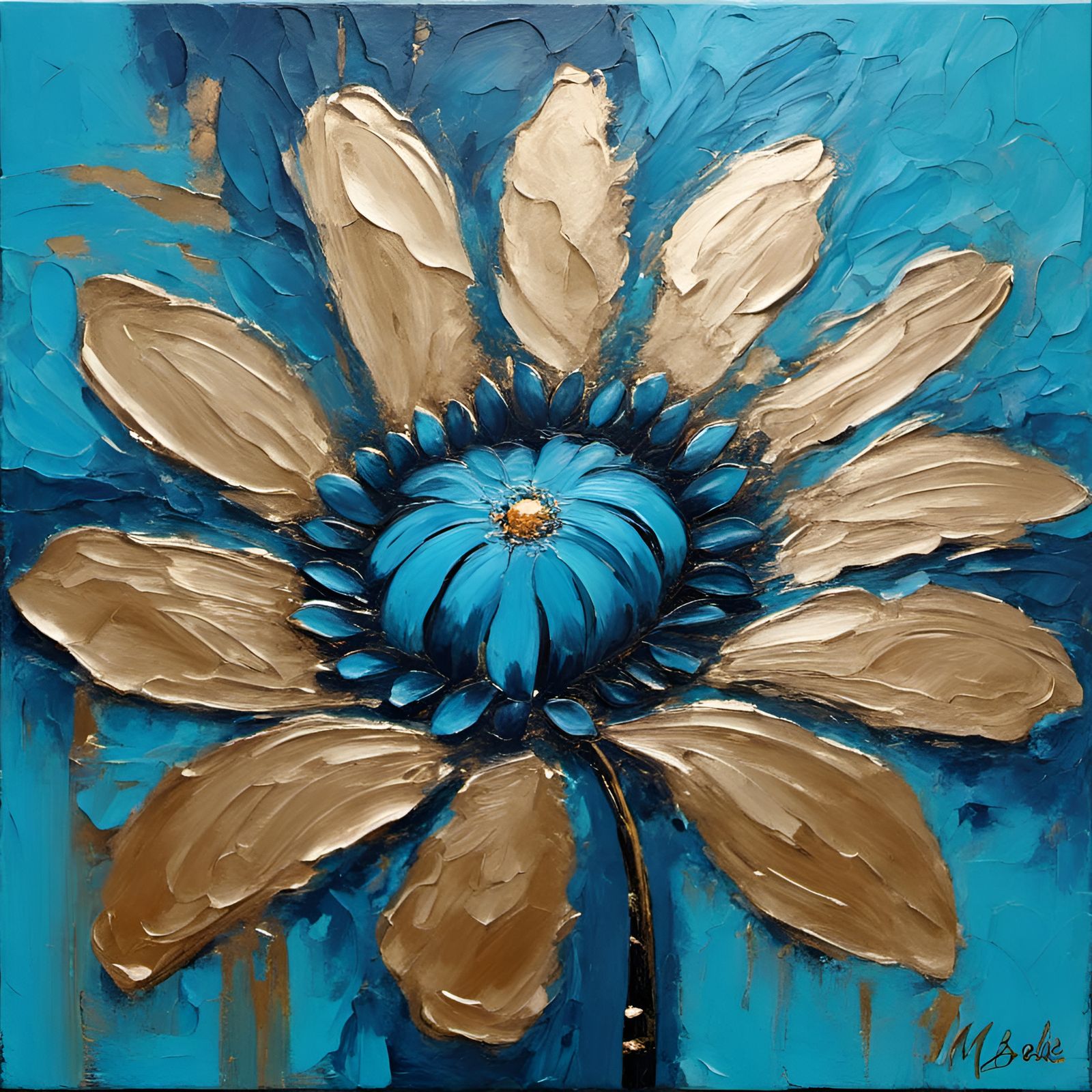 Blue Flower Painting with Palette Knife Texture