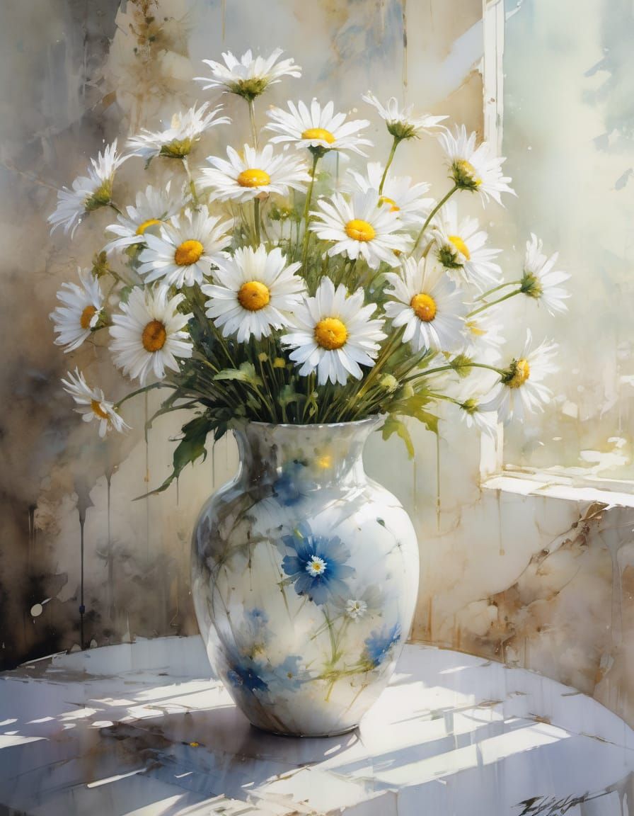 Marble Vase of Daisies Watercolor Painting