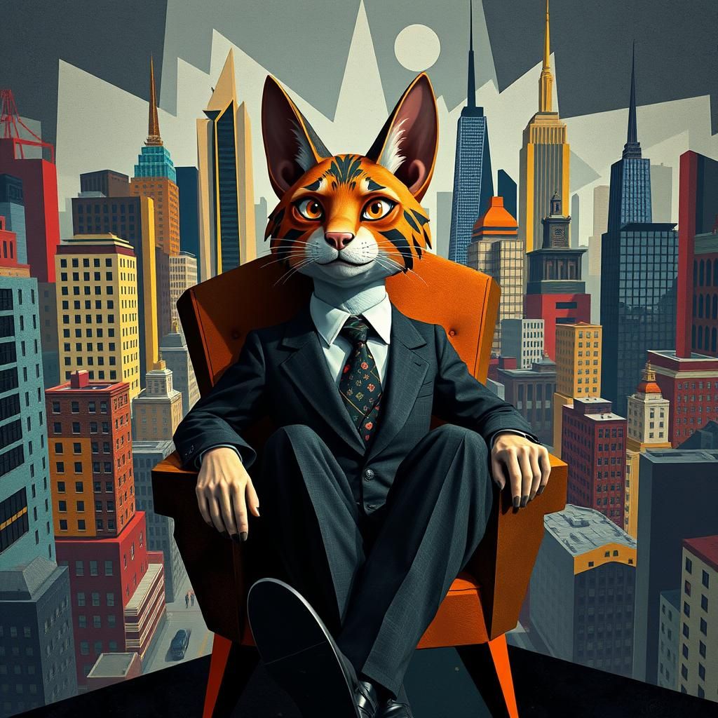 Chester in Geometric Suit, Neo-Cubist Cityscape