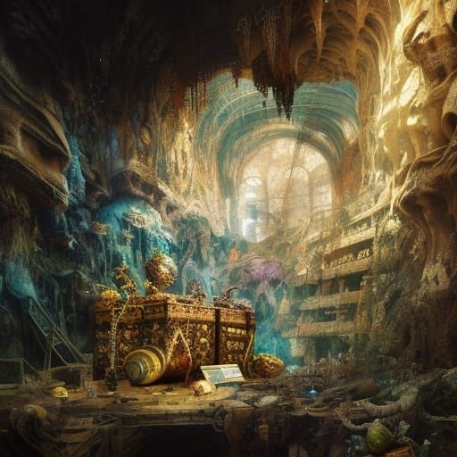 Detailed Pirate Treasure Cave, Hyperrealistic Maximalist Art