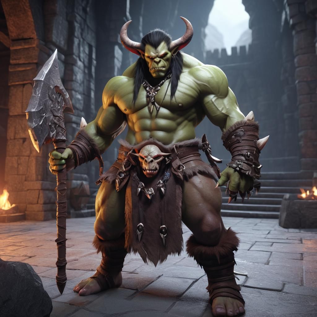 Orc Barbarian Tiefling Warlock Fusion in Anime Style