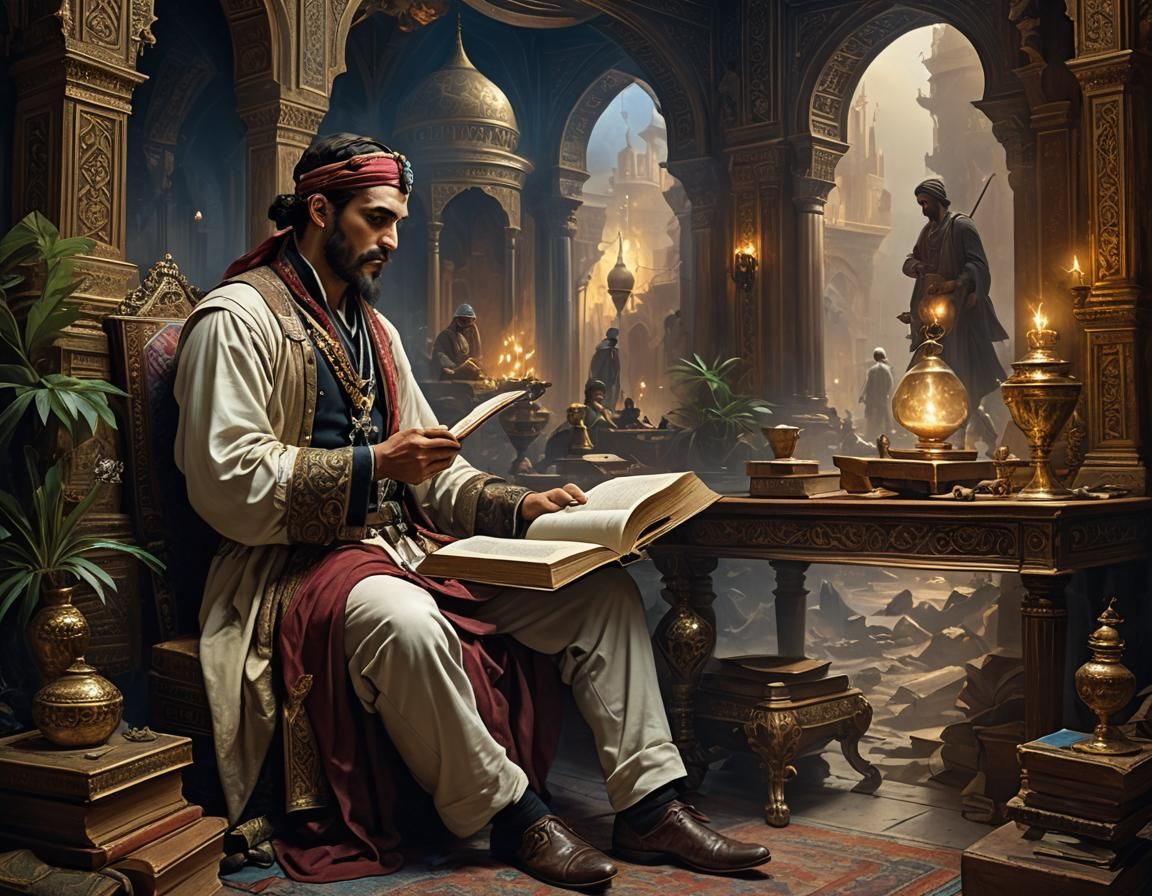 Victorian Explorer Translating Arabian Nights, Digital Illus...