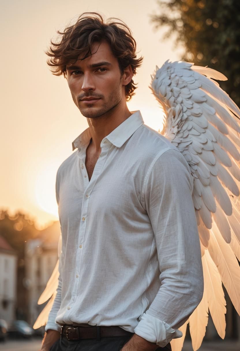 Sun-Kissed Man with Wings in Golden Hour Lighting