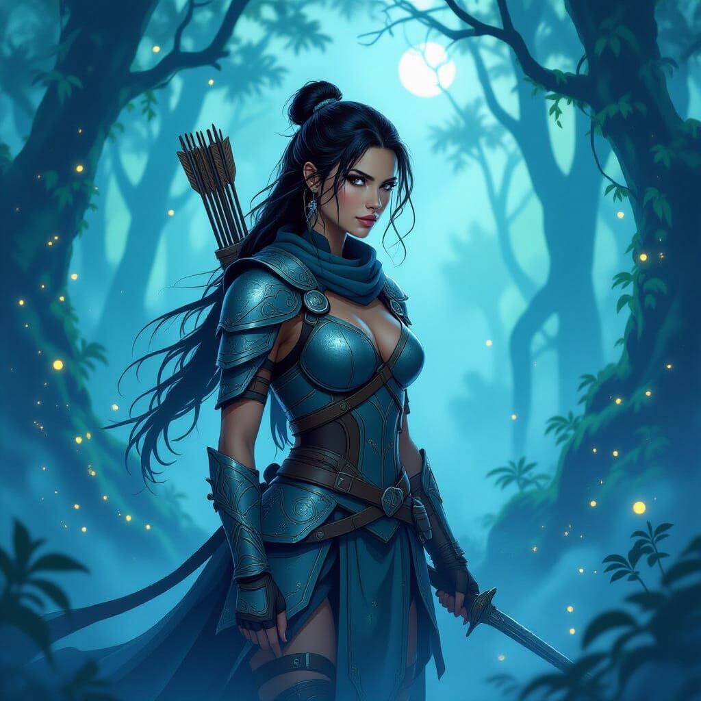 Archer Woman Warrior in Bioluminescent Forest