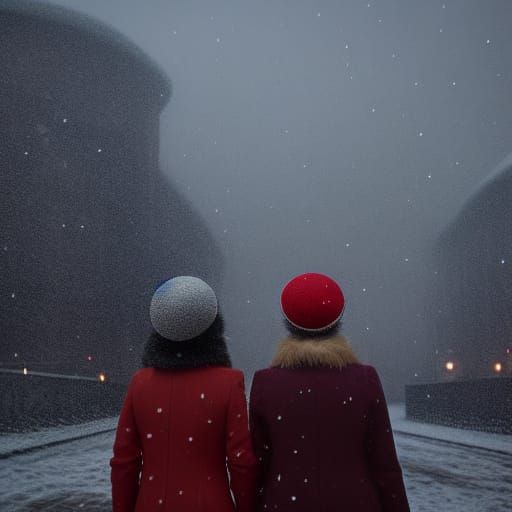 Women Admire First Snowfall in Film Noir Style