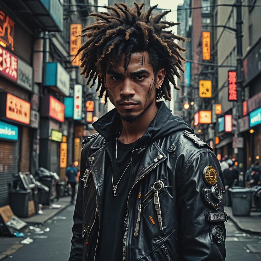 Cyberpunk Man in Urban Setting: Cinematic Film Still