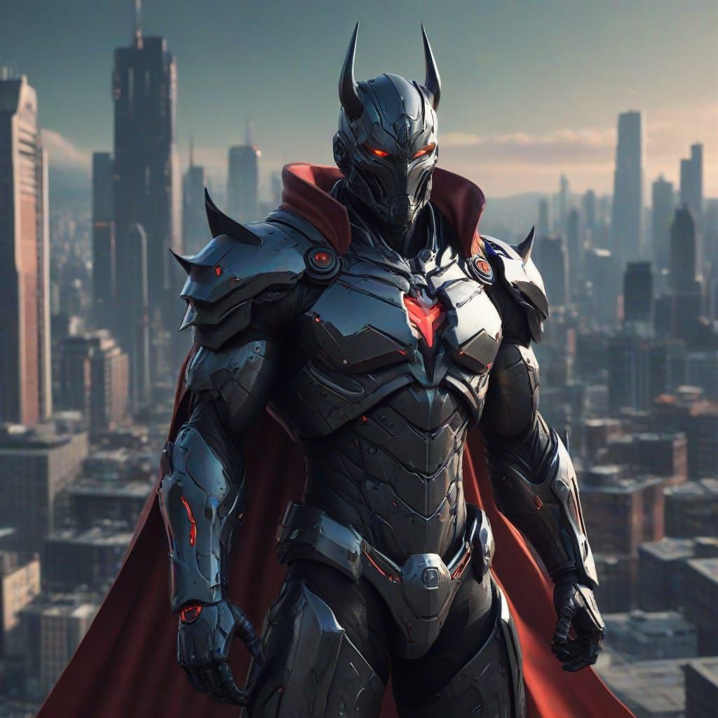 Cyberpunk Demon Lord Hero in Dystopian Cityscape