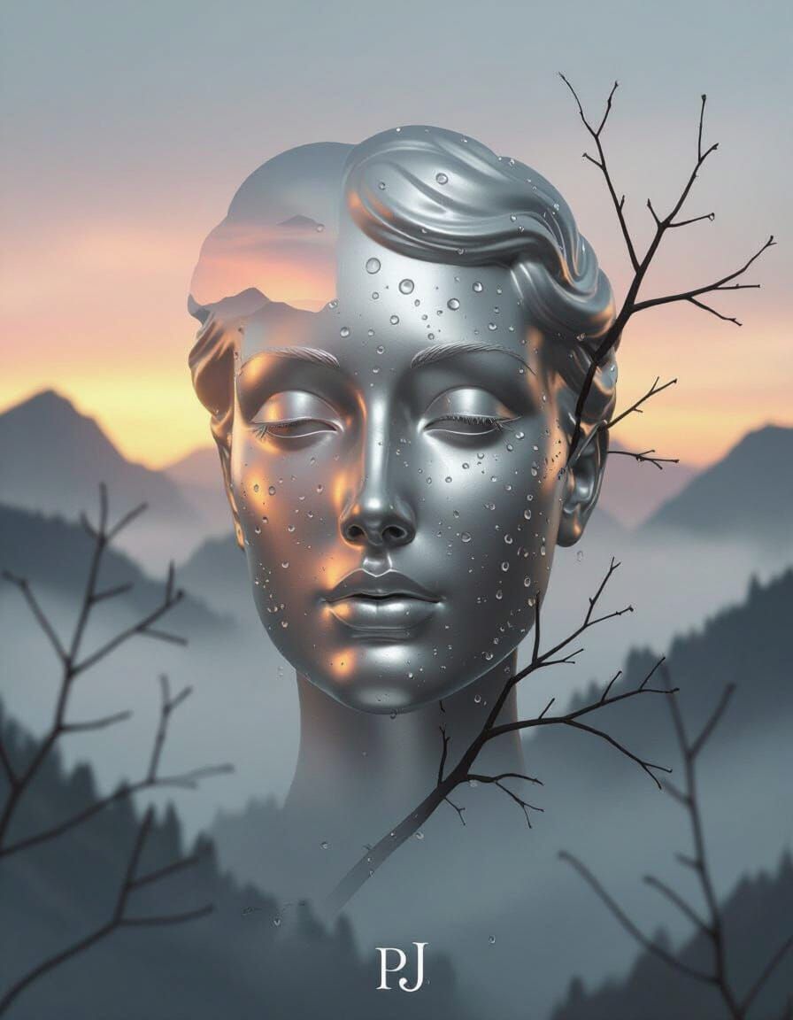 Metallic Face Emerges From Misty Mountains At Sunset