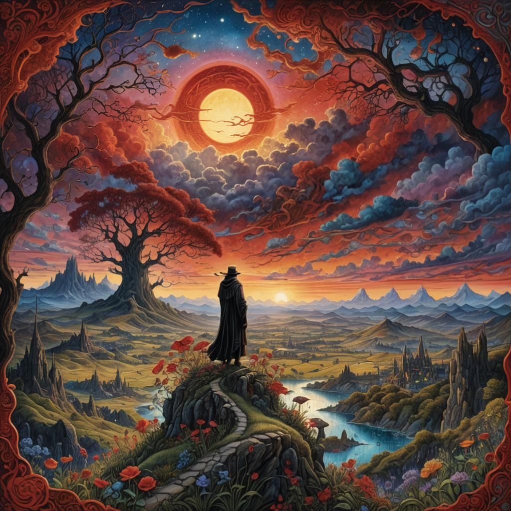 Gothic Sunset with Dancing Characters in Twilight
