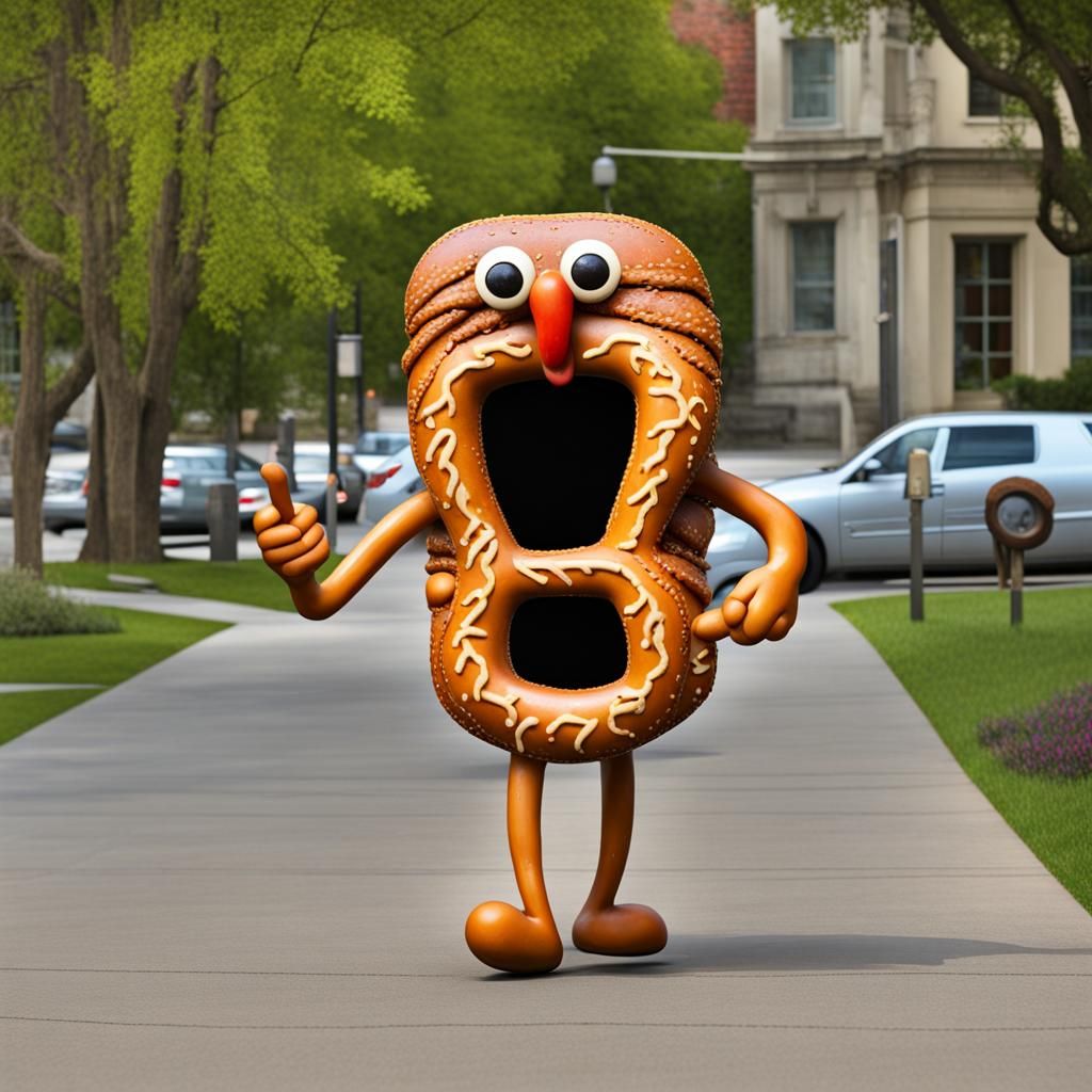 Anthropomorphic Pretzel Walking Outside