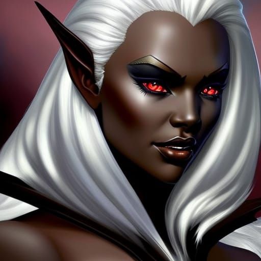 Hyperrealistic Drow Elf Woman with Red Eyes