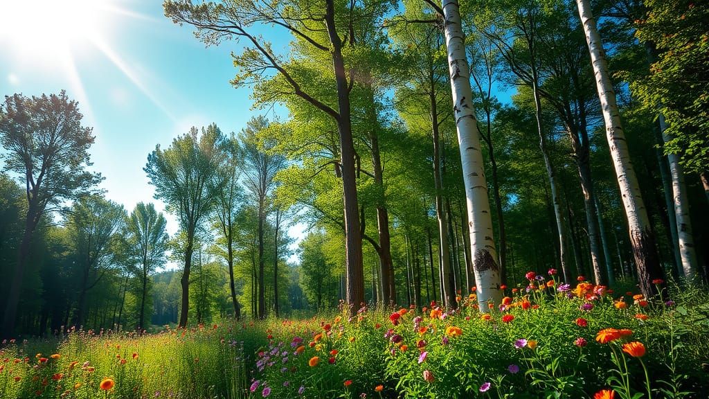 Lush Birch Forest with Summer Flowers