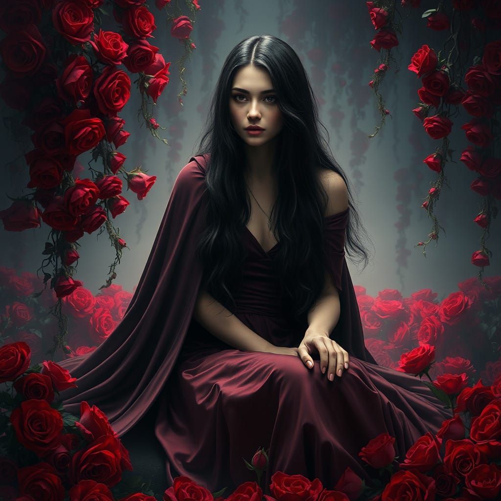 A Woman in a Dark Red Rose-Adorned Environment