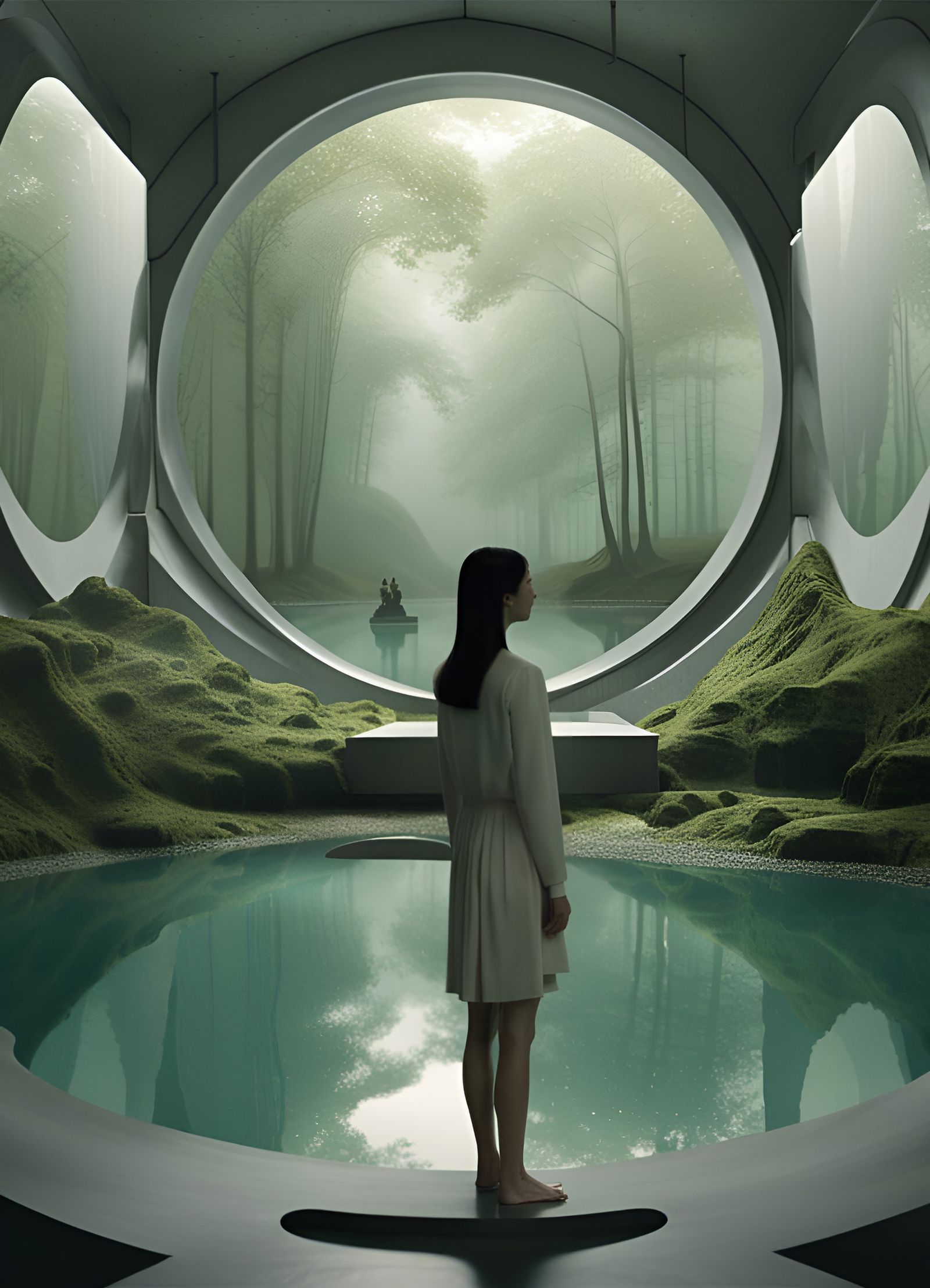 Surreal Mirrored Room with Miniature Lake