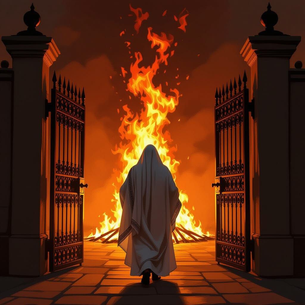 Solemn Figure Exits Closing Gate Into Fiery Glow