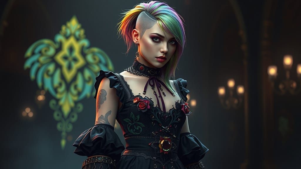 Gothic Woman in Vibrant Rainbow Hair and Intricately Detaile...