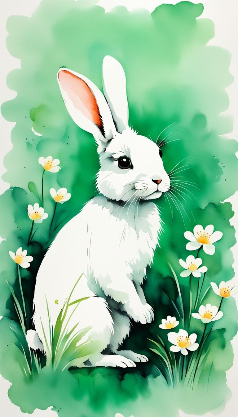 Minimalist Chinese Ink Painting of a White Rabbit