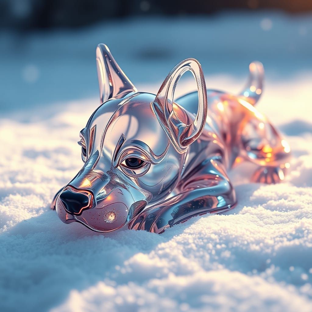 Hyperrealistic Transparent Glass Dog in Snow