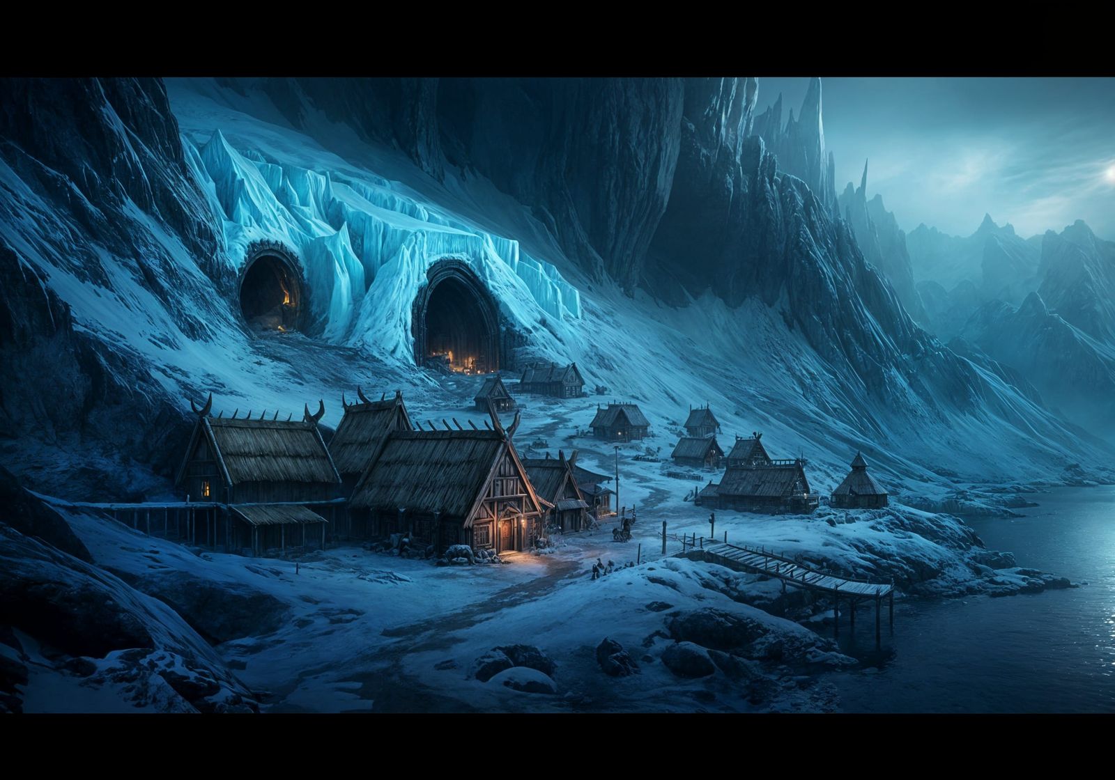 Eldritch Fantasy Village Amidst Glacial Mountains