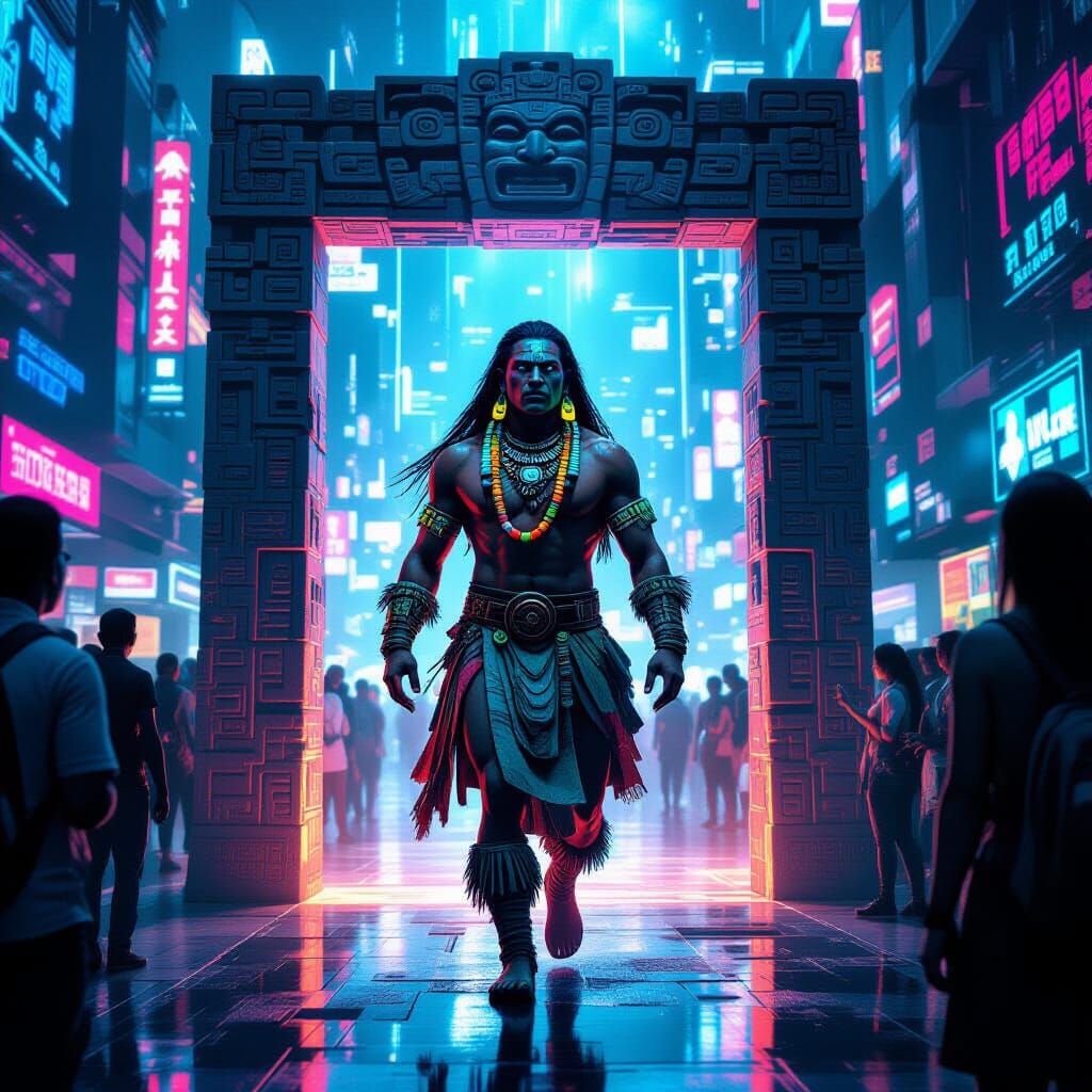 Mayan Warrior Enters Futuristic City in Hyperrealistic Triad...
