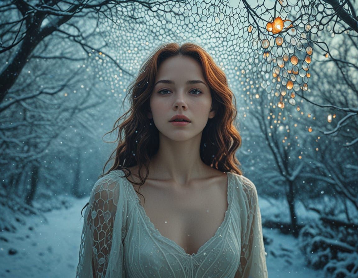 Fairy in Magical Winter Glade with Honeycomb Light