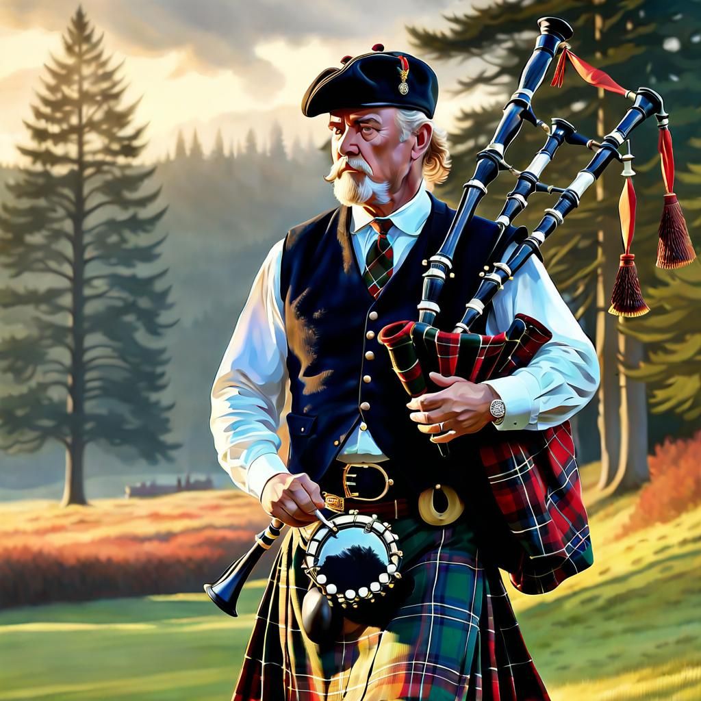 Scottish Highlander Plays Bagpipes: Hyperrealistic Oil Paint...