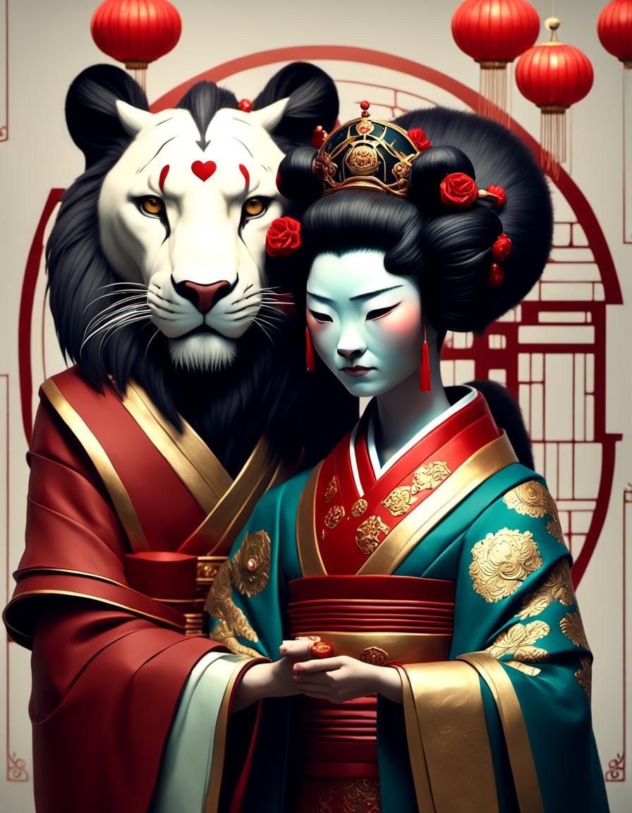 Geisha and Lion: Eternal Friends in Digital Art