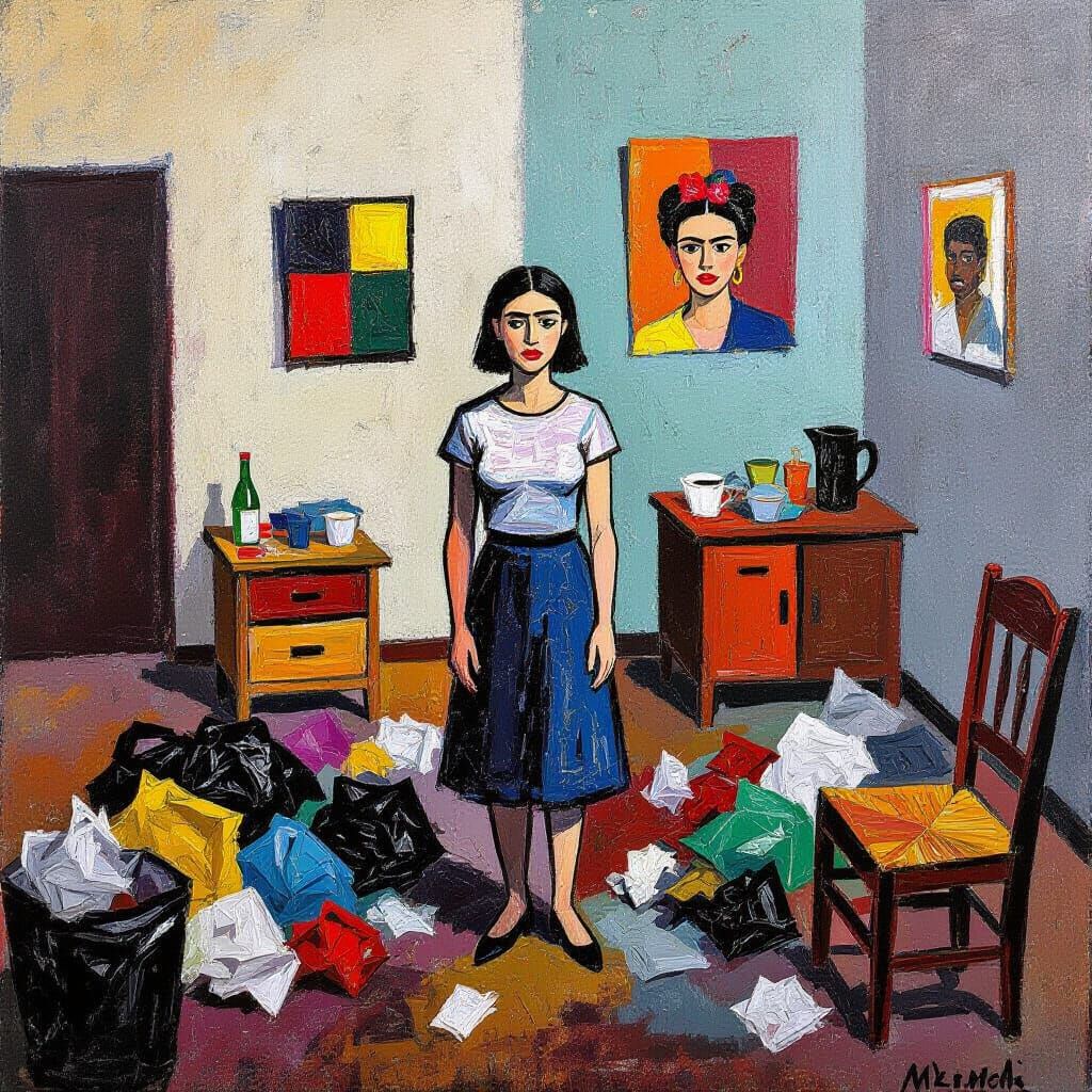 Wife's Shock in Trash-Filled Room: Abstract Expressionism