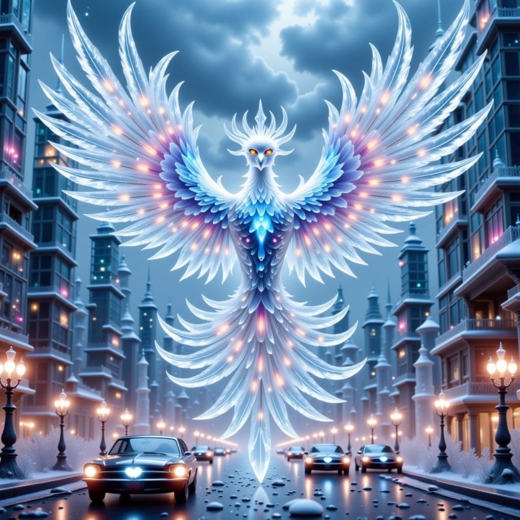 Majestic Ice Phoenix Rises from Futuristic City Ruins in Neo...