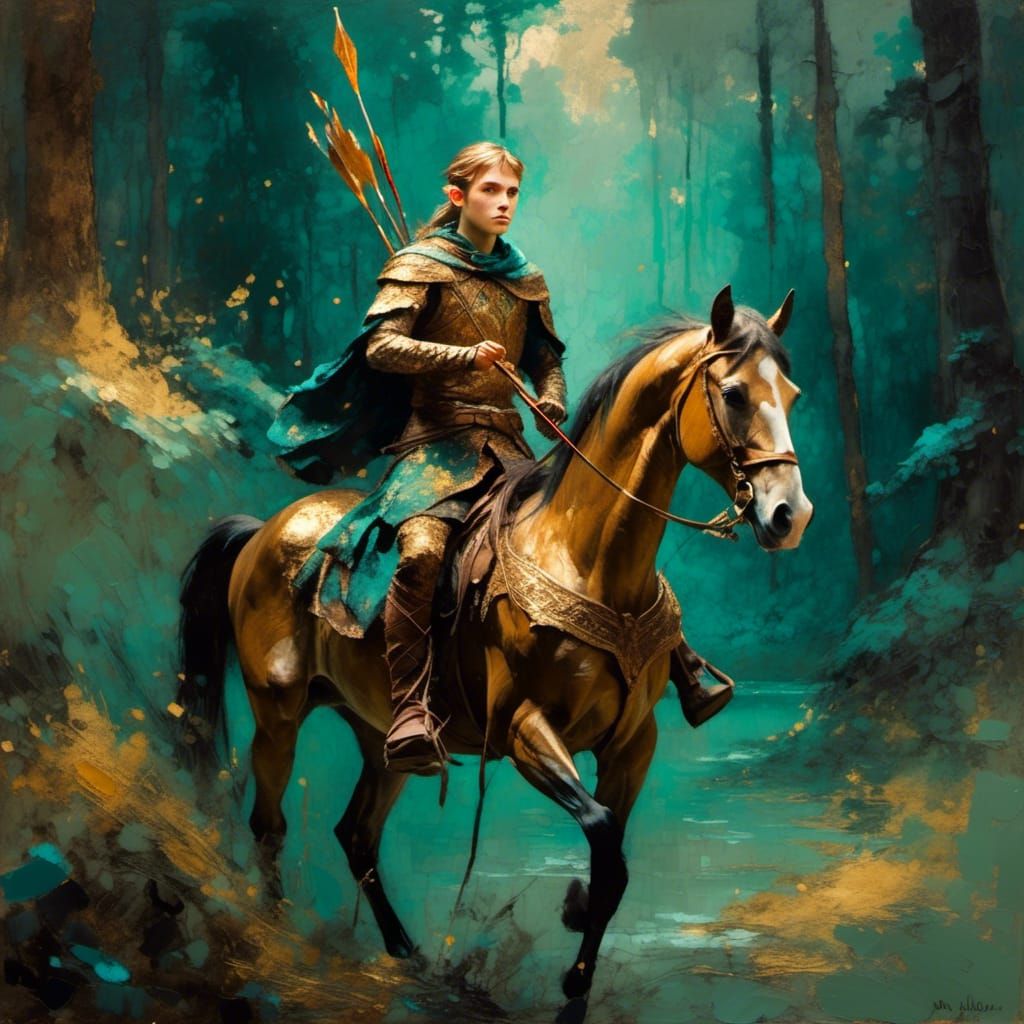 Elf Ruler Hunting on Horseback as Oil Painting