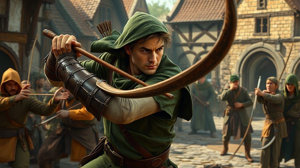 Robin Hood Brawl in Medieval Village, Photorealistic