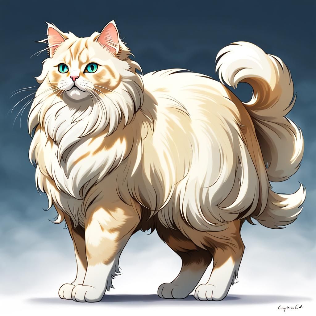 Cream Cymric Cat in Comic Art Style