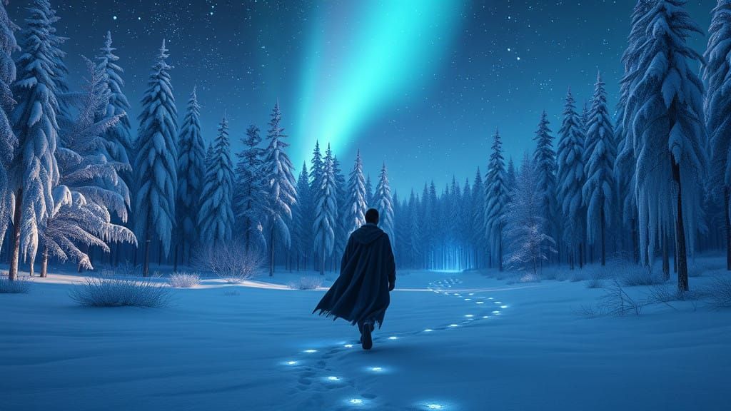 Tranquil Winter Forest at Twilight with Starry Sky and Solit...