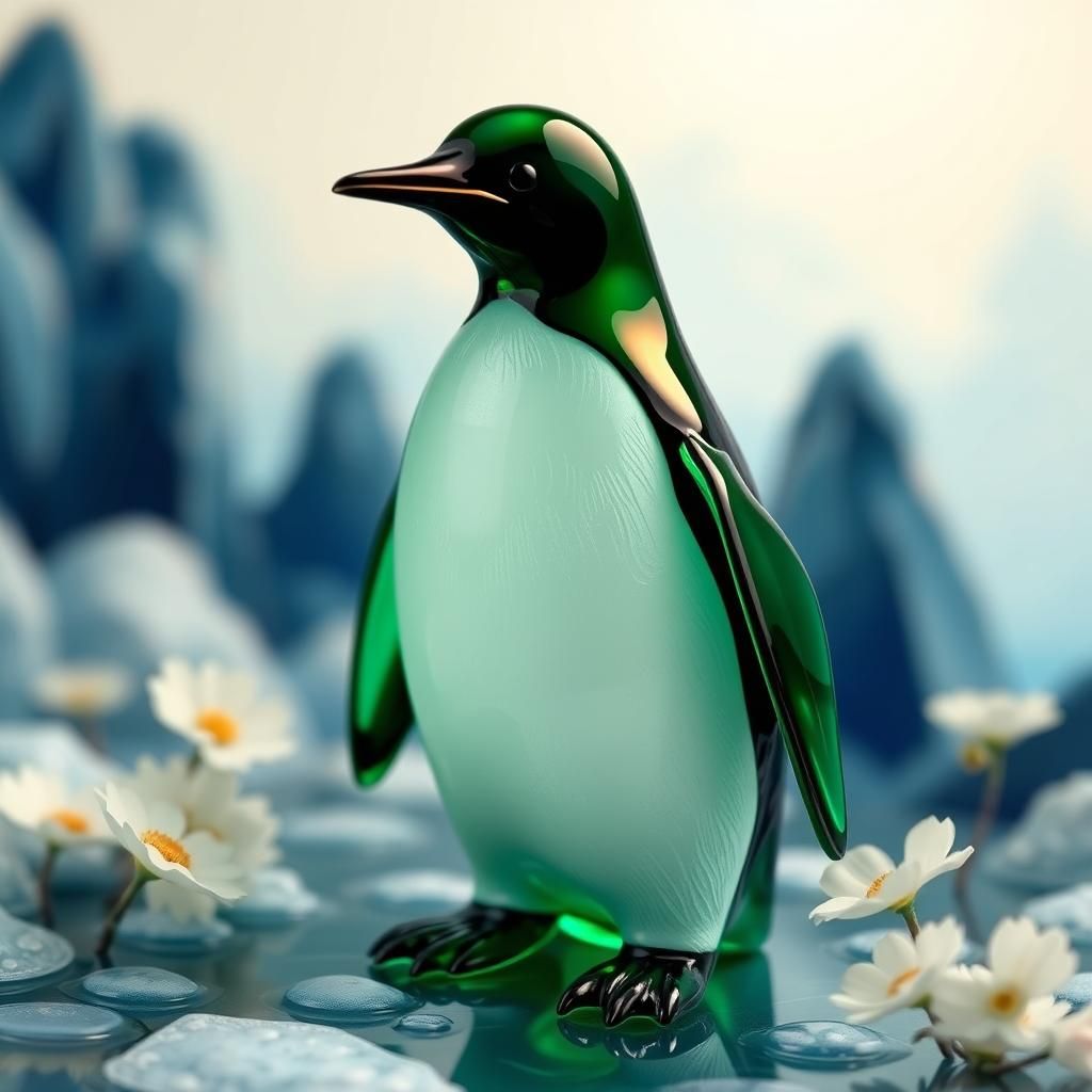 Emerald Glass Penguin in Enameled Landscape