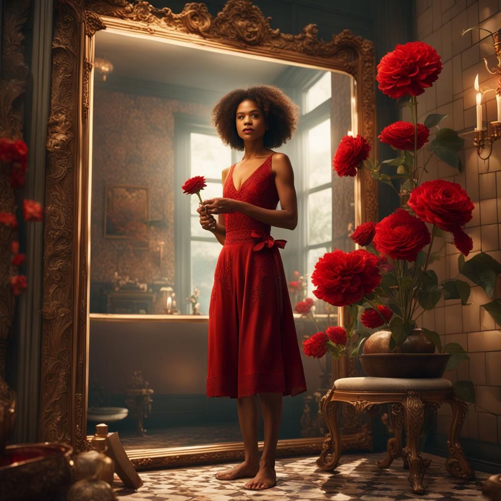 Gugu Mbatha-Raw with Red Flower, Digital Painting