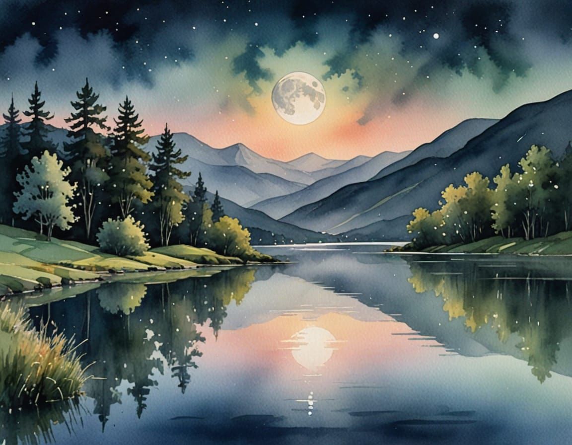 This image shows a tranquil lake illuminated by a full moon,...