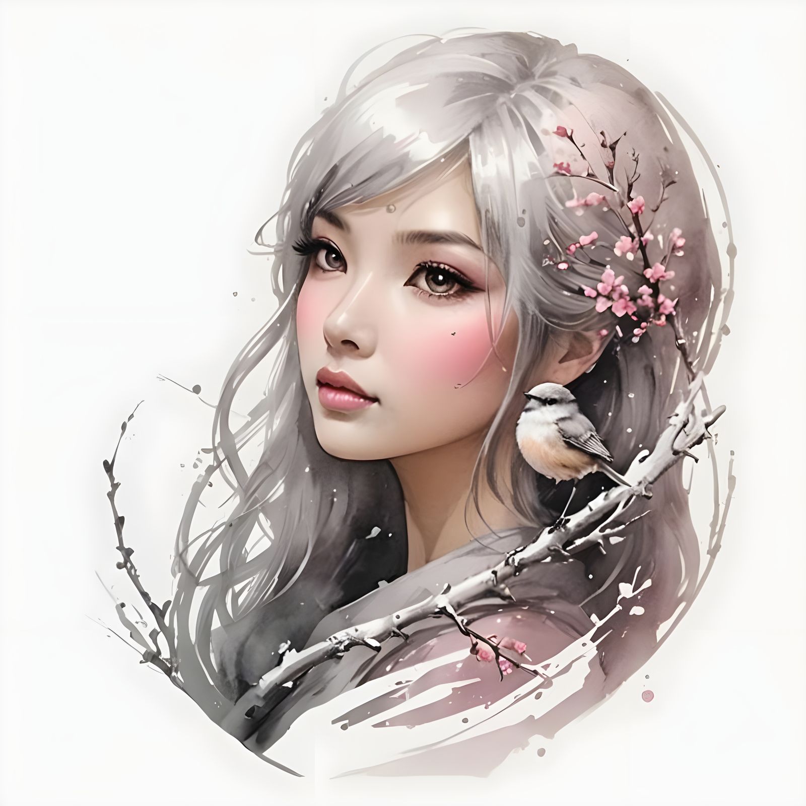 Futuristic Woman with Bird, Sumi-e Ink Art