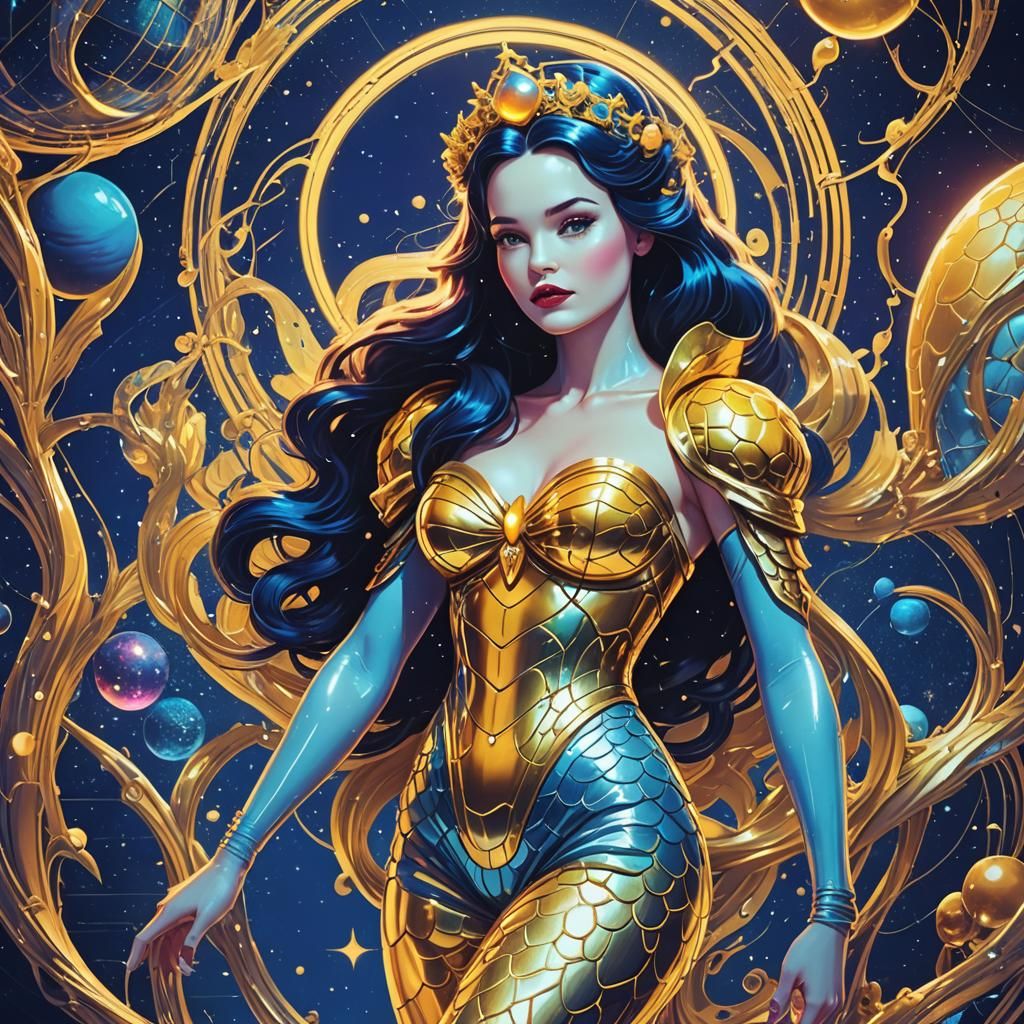 Snow White Space Mermaid in Synthwave Neon Style