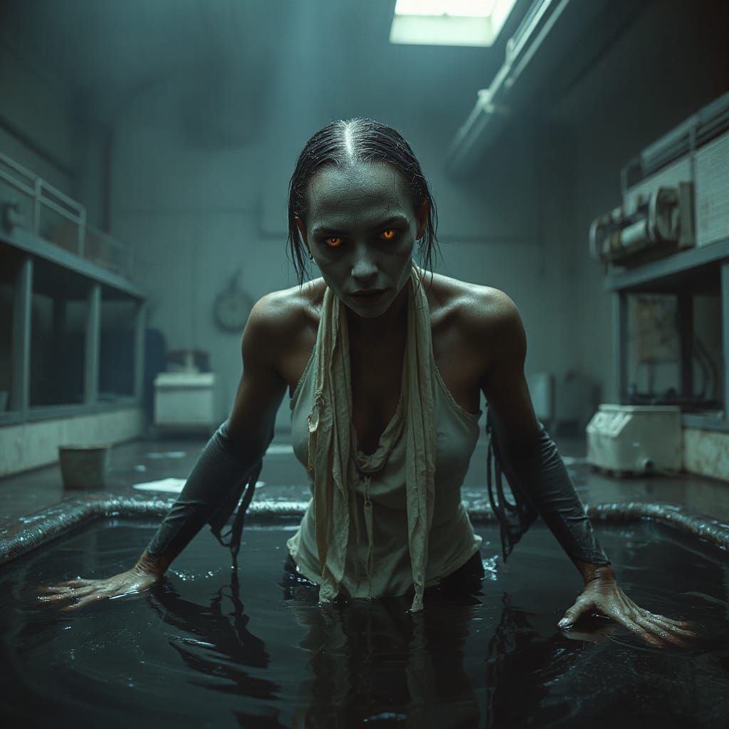 Mutated Woman Emerging from Black Fluid in Dreamcore Horror