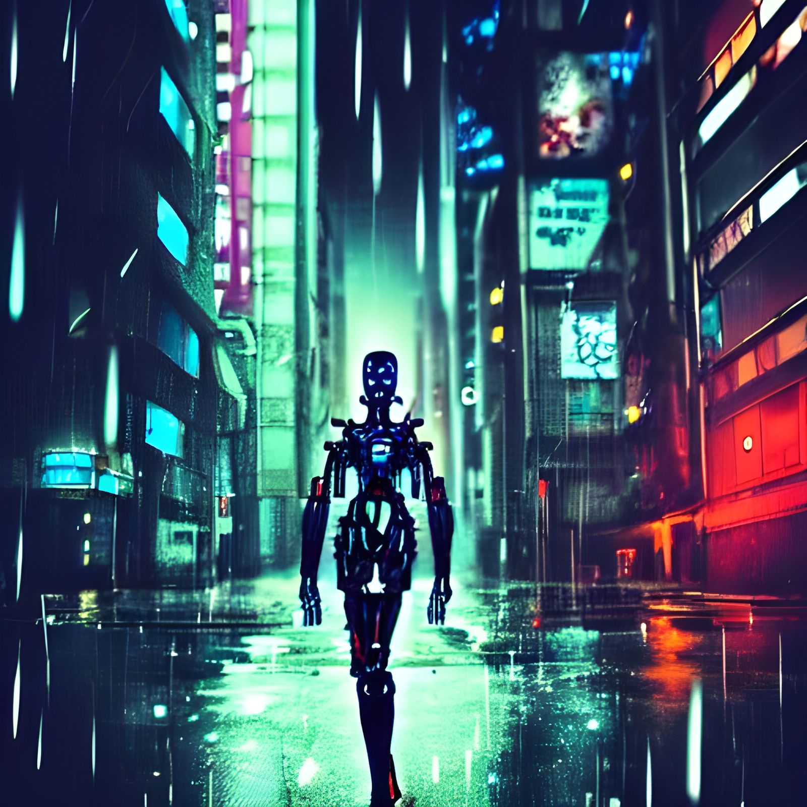 Cyberpunk Cyborg in Rainy Cityscape
