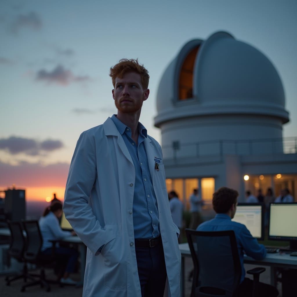 Scientist at Dusk Near Observatory, Detailed and Realistic