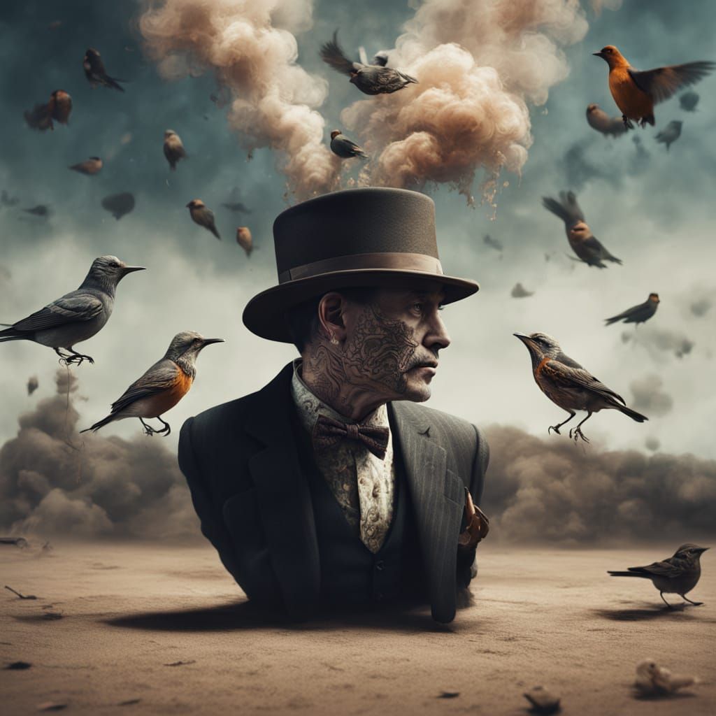 Surreal Gentleman with Birds Emerging from Top Hat