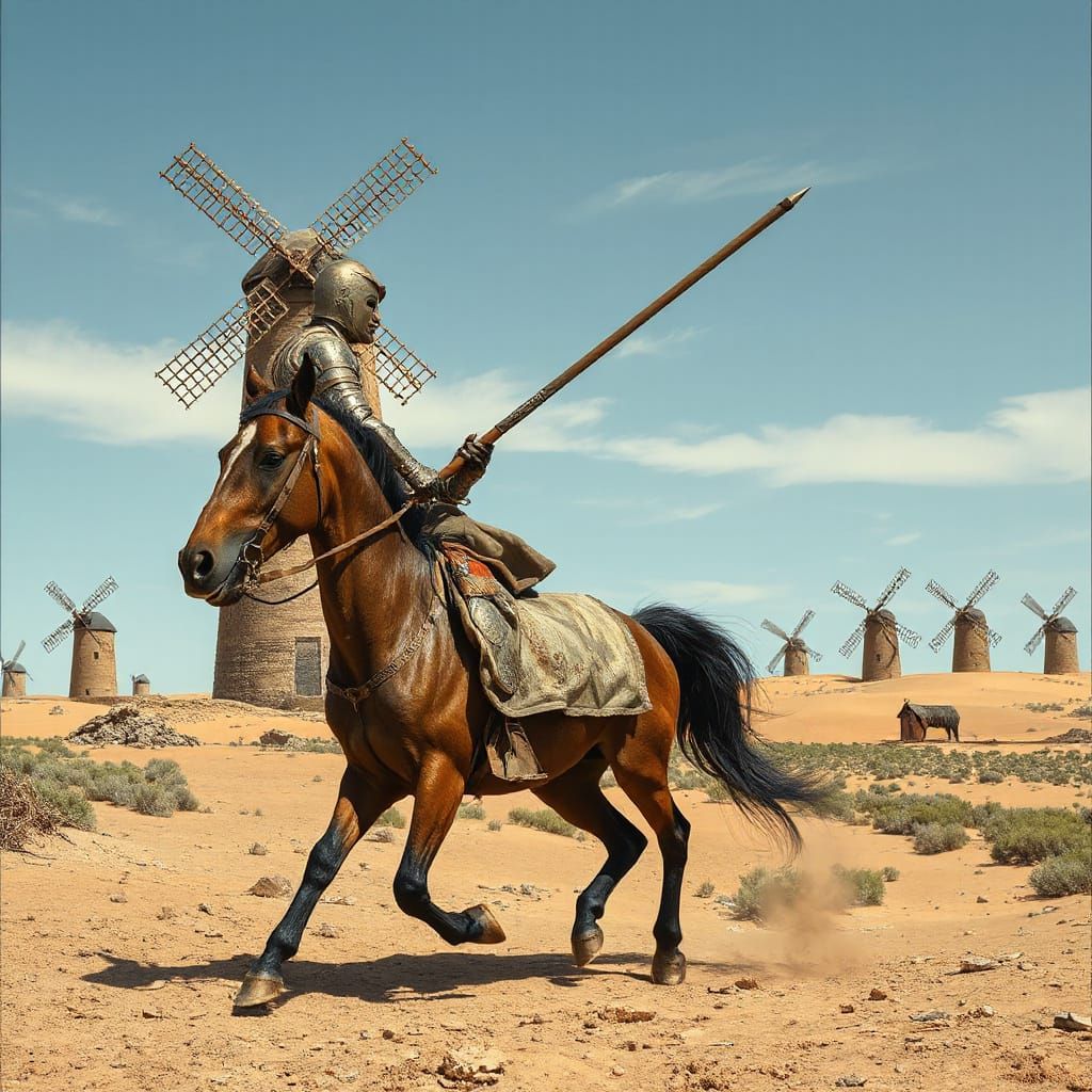 Don Quixote Attacks Windmill in Surreal Style