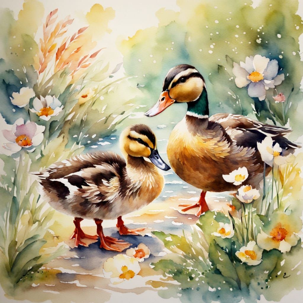 Duck and Ducklings in Watercolour Garden Scene