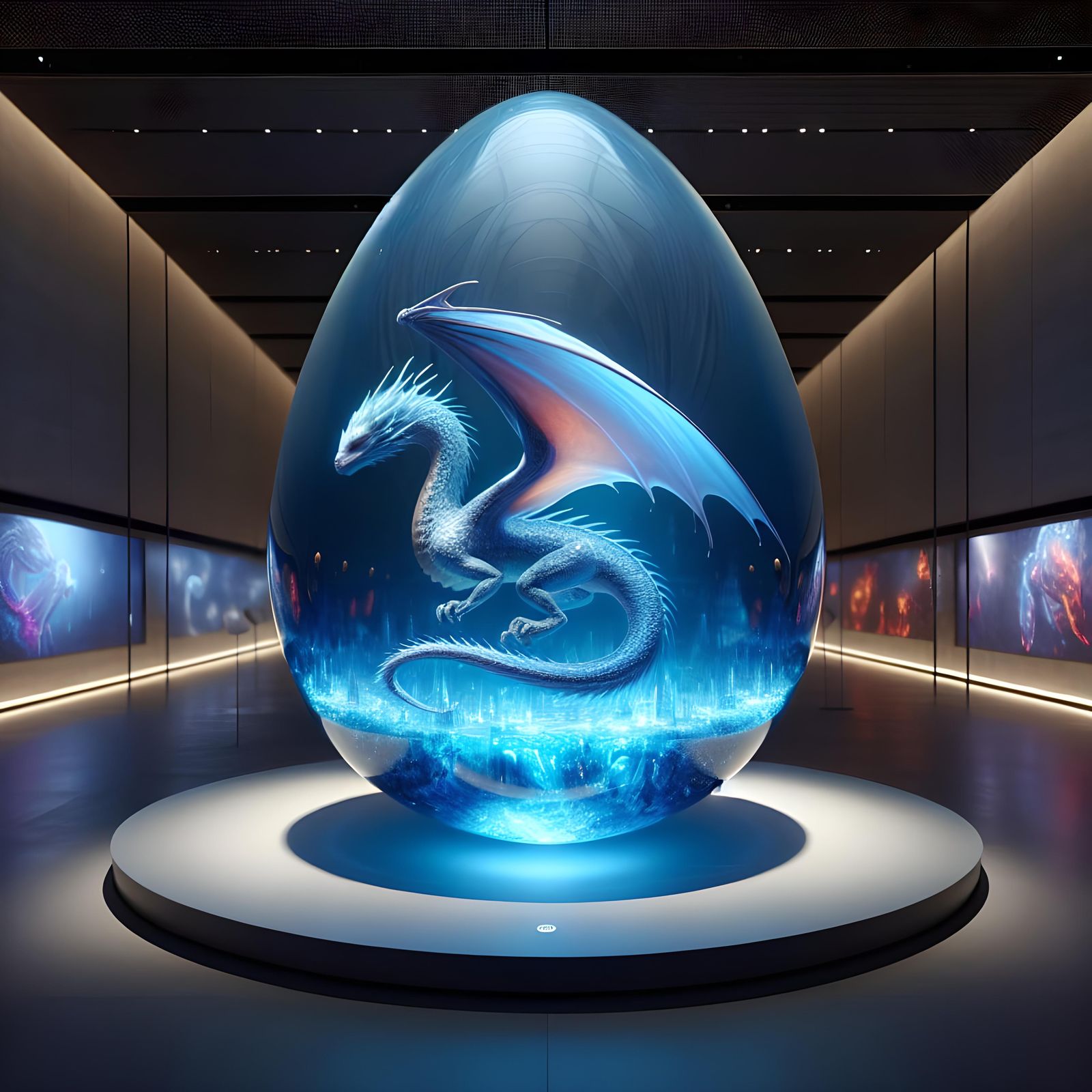Ethereal Dragon Hatchling in Futuristic Museum