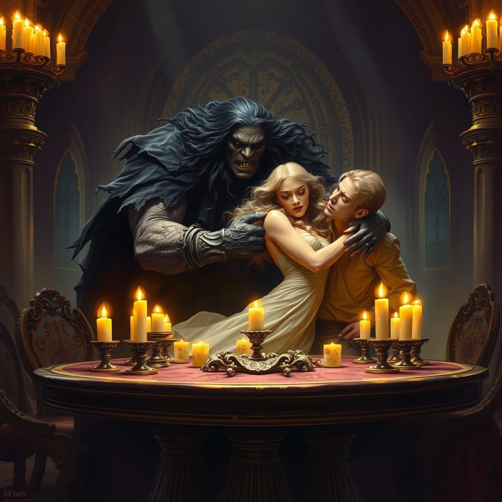 Epic Fantasy: Giant's Struggle in Candlelight