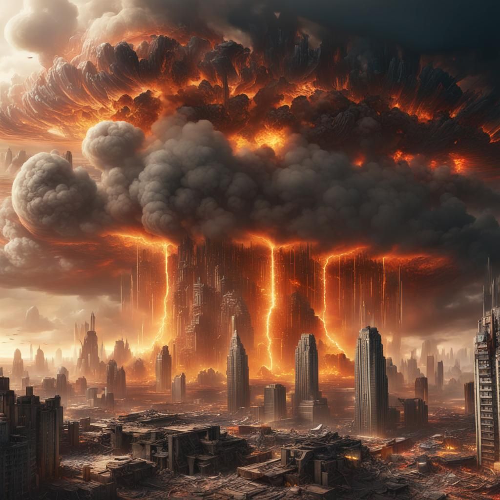 Futuristic City Destroyed by Alien Spaceship in Hyperrealism